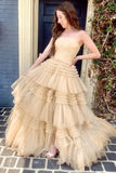 A-Line Strapless Tulle Long Prom Dress with Tiered Ruffles HZ1023