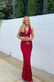 Red Simple Elegant V-neck Two-piece Long Mermaid Slim Satin Evening Dress Party Dress Wedding Guest Dress HZ1023