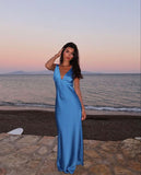 Blue simple elegant V-neck long satin ball gown evening dress HZ1023