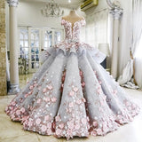 Pink Gorgeous Exquisite Floral Applique Long Tulle Ball Gown Evening Gown Wedding Dress HZ1023