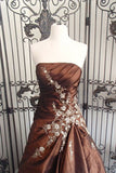 Brown Gorgeous Vintage Exquisite Applique Tube Top Long Elegant Satin Ball Gown Evening Dress HZ1023
