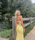 Yellow Simple Fashion Sexy Sweetheart Sleeveless Skinny Long Satin prom dress Evening Gown Wedding Guest Party Dress HZ1023