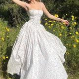 White floral sweet cute elegant long chiffon tube top homecoming dress wedding guest dress birthday party dress HZ1023