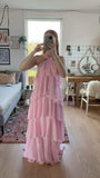 Pink suspenders fashion sweet A-line backless long chiffon tiered ball gown evening dress party dress HZ1023