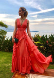 Orange fashion V-neck A-line tiered long elegant chiffon ruffle side slit ball gown evening dress wedding guest party dress HZ1023