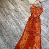 Orange Gorgeous Exquisite Beaded Spaghetti Strap Halter Neck Long Elegant Tulle Mermaid Slim Fit Ball Gown Evening Gown Party Dress HZ1023