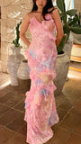 Dreamy elegant spaghetti strap pink layered ruffle maxi dress long chiffon evening gown ball gown HZ1023