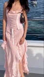 Pink Elegant Romantic Fashion Elegant Spaghetti Strap Long Chiffon Ruffle Ball Dress Evening Dress Party Dress Prom HZ1023