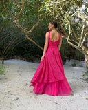 Pink Fashion Elegant Exquisite Lace Strap Long Tulle Ball Gown Evening Dress Wedding Guest Party Dress HZ1023
