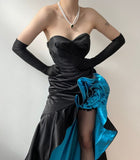 Black elegant sweetheart neckline ruffled skirt long satin floor-length train ball gown evening dress party dress HZ1023