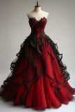 Red Retro Fashion Exquisite Lace Sweetheart Neck A-Line Long Tulle Ball Gown Evening Gown Wedding Dress HZ1023