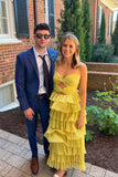 Yellow stylish elegant spaghetti straps long satin tiered ball gown formal evening dress party dress HZ1023