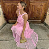 Pink suspenders fashion sweet A-line backless long chiffon tiered ball gown evening dress party dress HZ1023