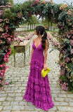 Purple New Fashion V-neck Spaghetti Strap Long Ruffle Chiffon Ball Gown Evening Dress Wedding Guest Dress HZ1023