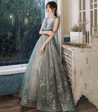 Gray tulle sequins long prom dress evening gown HZ1023