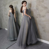 Gray tulle beads long prom gown A line evening gown HZ1023