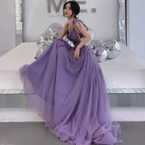 Purple tulle lace long prom dress A line evening gown HZ1023