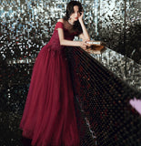 Burgundy lace beads long prom dress evening dress HZ1023