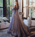 Blue v neck tulle lace long prom dress evening dress HZ1023