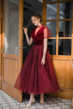 Burgundy tulle short prom dress A line evening dress HZ1023