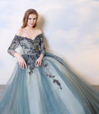 Blue lace long A line prom dress evening dress HZ1023