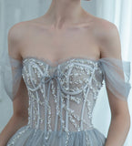 Grey tulle beads long prom dress evening dress HZ1023