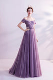 Purple tulle long prom dress A line evening dress HZ1023