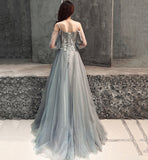 Gray tulle lace long A line prom dress evening dress HZ1023