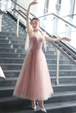 Pink A line prom dress pink tulle evening dress HZ1023