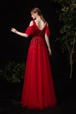 Red tulle sequins long A line prom dress red evening dress HZ1023