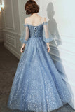 Blue tulle long A line prom dress blue evening dress HZ1023
