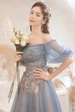 Blue lace long A line prom dress blue evening dress HZ1023