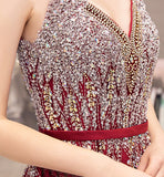 High quality v neck beads long prom dress red evening dress HZ1023