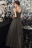 Gray tulle long A line prom dress evening dress HZ1023