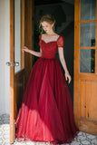 Burgundy Sparkling Beaded A-line Long Tulle Elegant Ball Gown Evening Dress HZ1023