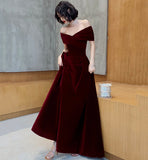 Burgundy Elegant Fashion Strapless Long Velvet Ball Gown Evening Dress HZ1023