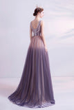 Purple gradient tulle long A line prom dress evening dress HZ1023
