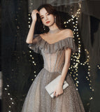 Gray tulle sequins long ball gown dress formal dress HZ1023