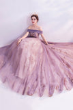 Purple tulle sequins long A line prom dress evening dress HZ1023