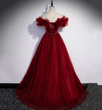Burgundy tulle long prom dress A line evening gown HZ1023