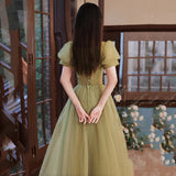 Green tulle beads long prom dress A line evening dress HZ1023
