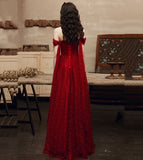 Burgundy tulle beads long prom dress one shoulder evening dress HZ1023