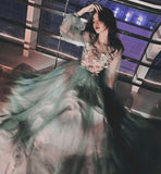 Green lace applique prom dress A line evening dress HZ1023