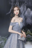 Grey tulle beads long prom dress shiny evening dress HZ1023