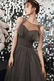 Gray tulle long A line prom dress evening dress HZ1023
