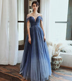 Blue tulle beads long prom dress evening dress HZ1023