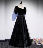 Elegant tulle sequins long prom dress black evening dress HZ1023