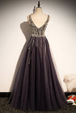 Stylish v neck tulle long prom dress A line evening dress HZ1023