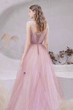 Pink tulle long A line prom dress evening dress HZ1023