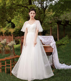 White tulle long A line prom dress bridesmaid dress HZ1023
